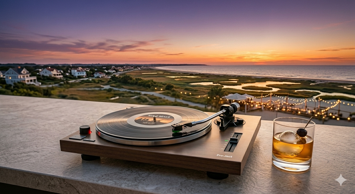 Platine vinyle face à la mer au coucher du soleil