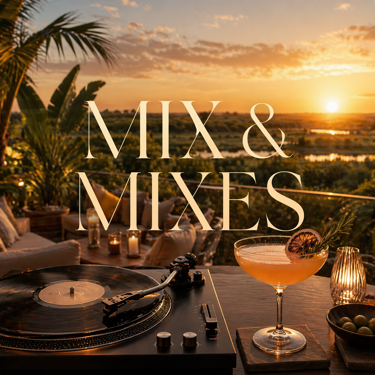 Visuel Mix & Mixes : platine vinyle et cocktail au coucher du soleil